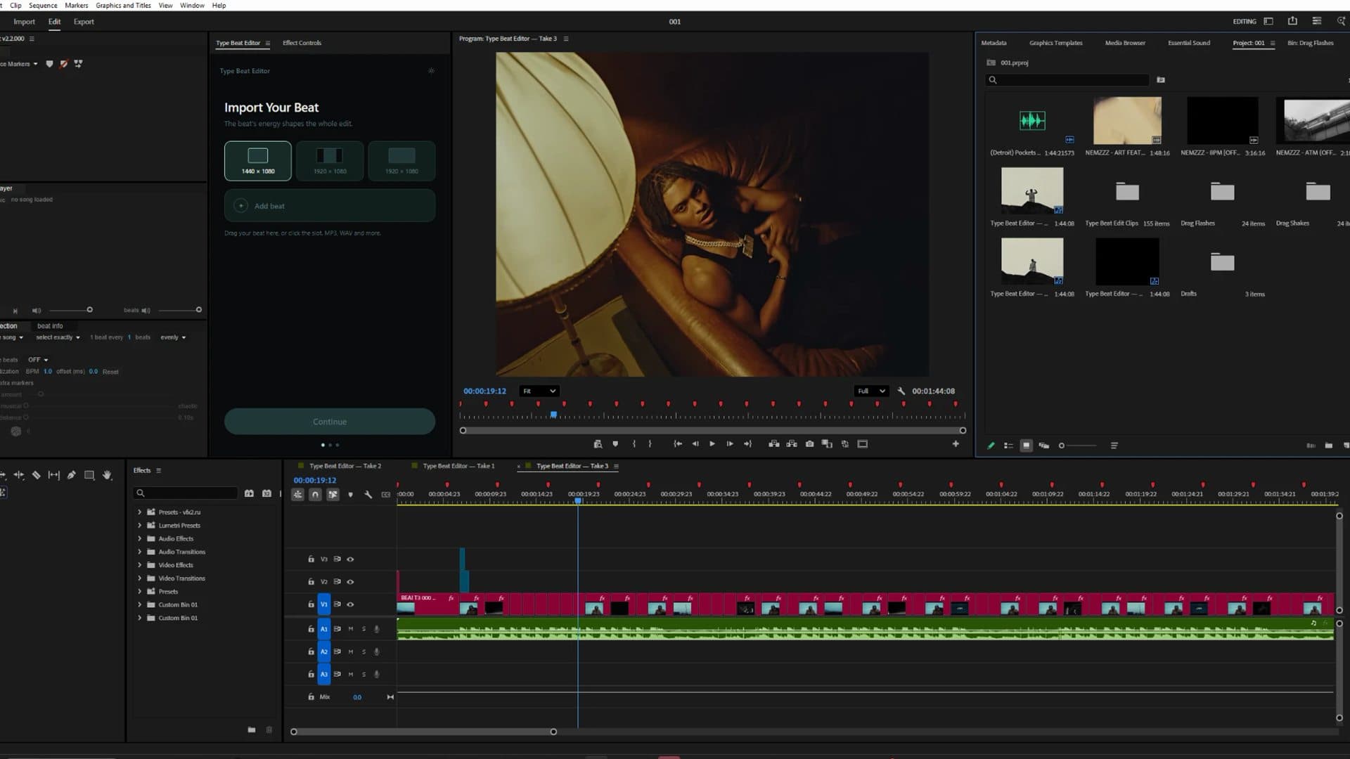 The Type Beat Editor panel docked inside Adobe Premiere Pro, with three finished takes open and a beat-cut timeline below.