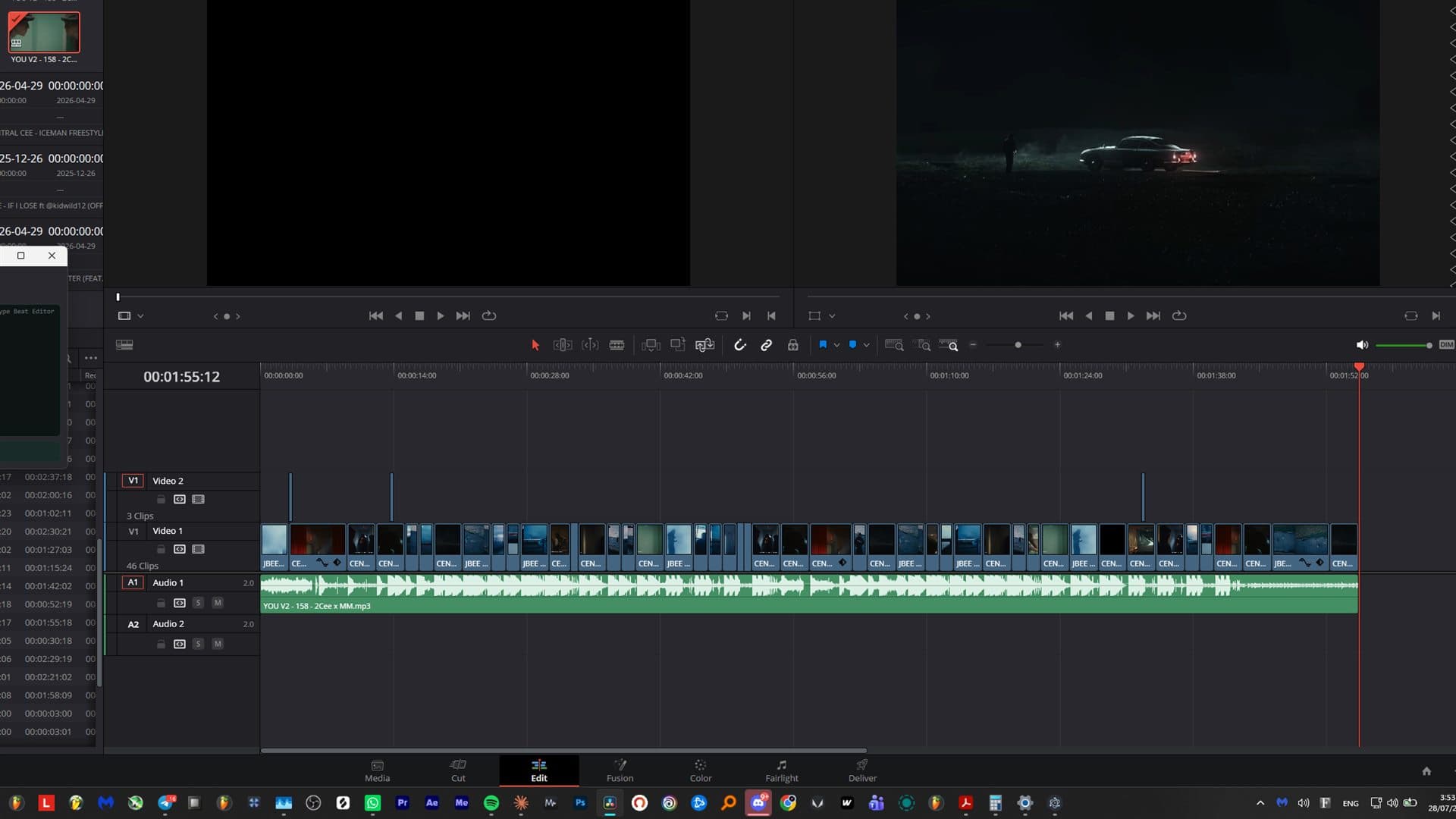 A timeline built by Type Beat Editor in DaVinci Resolve: 46 clips cut on the beat, flash hits on a second video track, and the beat on the audio track.
